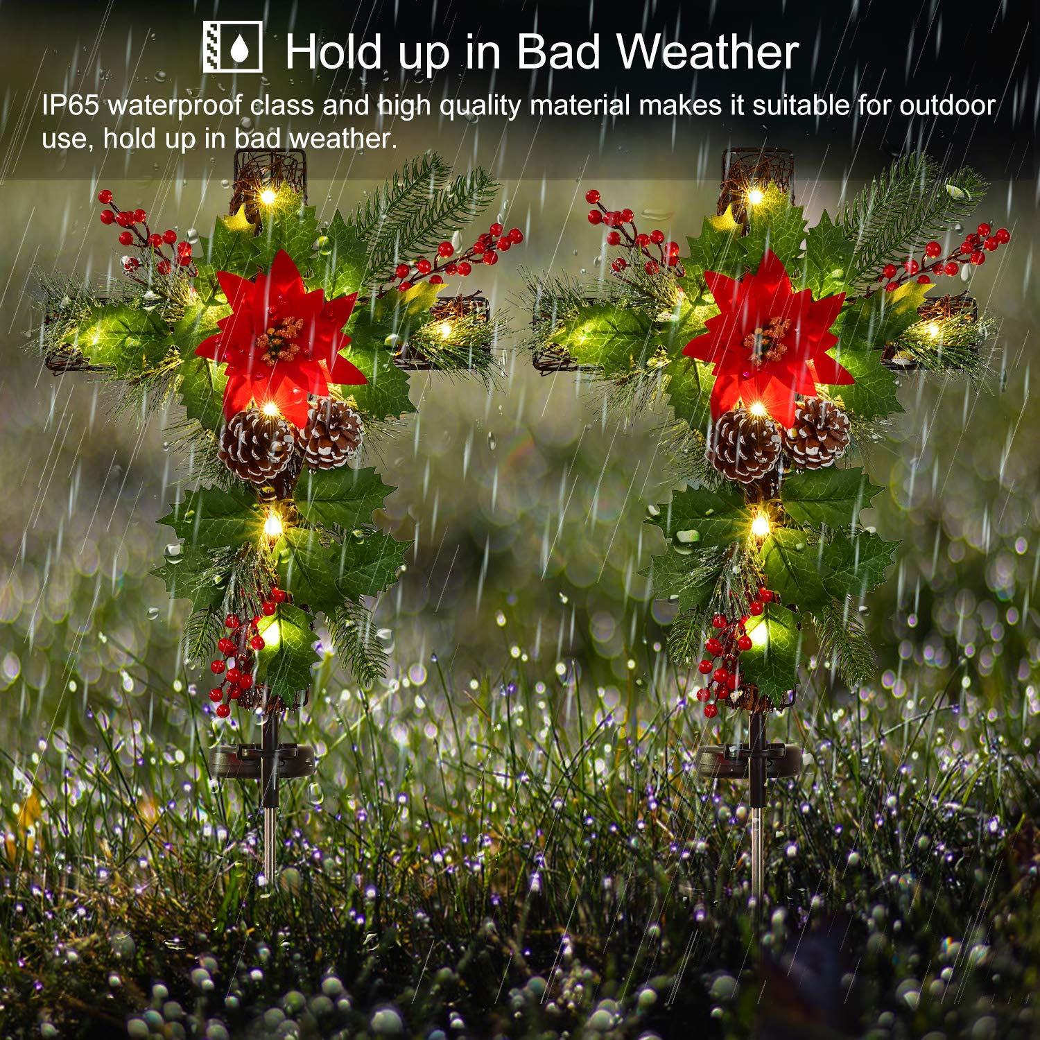 2 Pack Outdoor Solar Christmas Lights - Cross Stake Lights with Faux Poinsettia, Pine Cones & Red Berries for Garden, Patio, Grave Decor - Weatherproof Solar Powered Landscape Lighting for Holiday & Memorial Decorations
