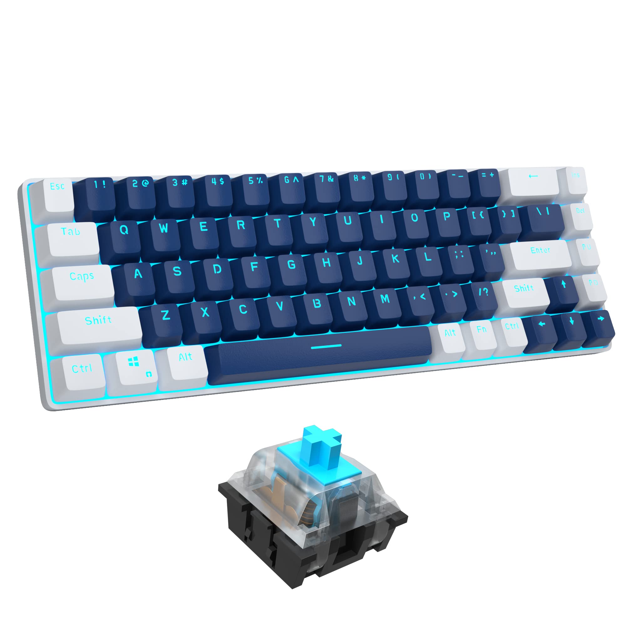 60% Gaming Mechanical Keyboard with Blue Switches - Compact 68-Key Wired Keyboard for PC, Mac, Windows Laptop & Xbox - Blue Backlit Minimalist Design (White & Blue) | Perfect for Office Work, Gaming & Typing