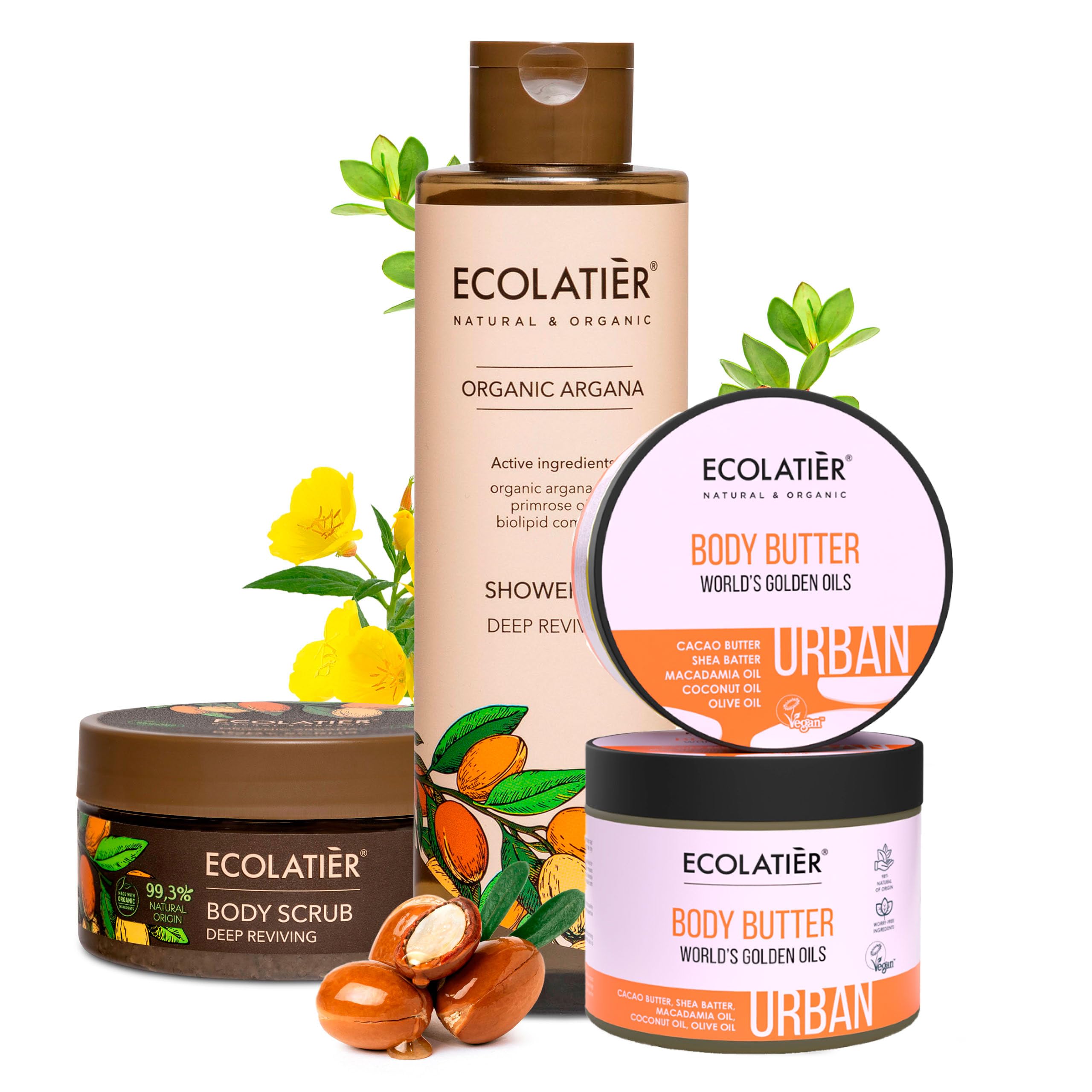 Pure Organic Argan Oil Body Care Set - Deep Hydrating Shower Oil, Exfoliating Body Scrub & Nourishing Body Butter for Silky Smooth Skin | Perfect for Dry Skin Treatment, Spa Day at Home & Luxury Gift