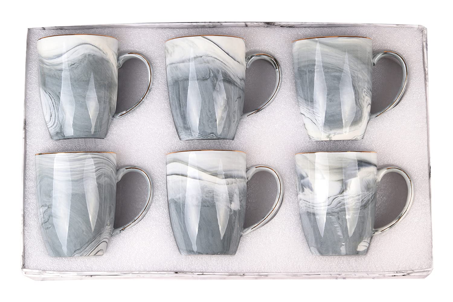 Premium Marble Coffee Mugs Set of 6 - Elegant Gray Stoneware Cups for Coffee, Tea, Milk & Hot Cocoa - Dishwasher Safe Gift-Ready Mug Set with Luxury Box - Perfect for Home, Office & Gifting
