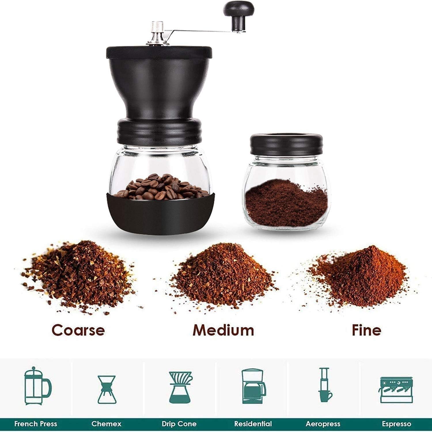 Premium Manual Coffee Grinder with Ceramic Burr - Hand Crank Coffee Mill with 2 Glass Jars (11oz Each) & Stainless Steel Handle - Perfect for Espresso, French Press, Turkish Coffee & Pour Over - Ideal for Home, Office & Camping Use