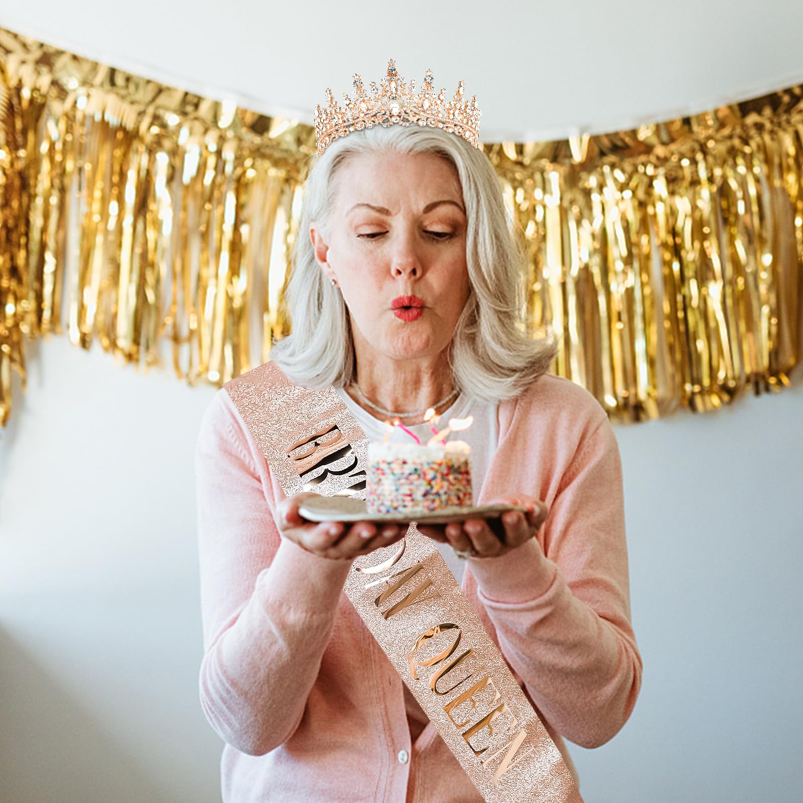 Semato Rose Gold Glitter Birthday Crown & Queen Sash Set for Women & Girls - Princess Tiara Party Decorations, Birthday Favors & Celebration Accessories (Perfect for Birthday Parties, Bachelorette Events & Girls' Night Out)