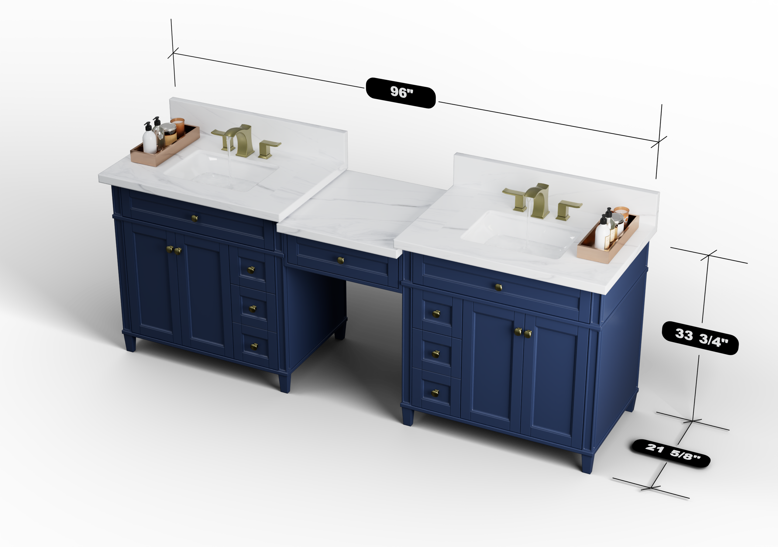 Kensington 96-Inch Navy Blue All-Wood Bathroom Vanity Cabinet - Perfect for Master Bathroom & Modern Home Decor