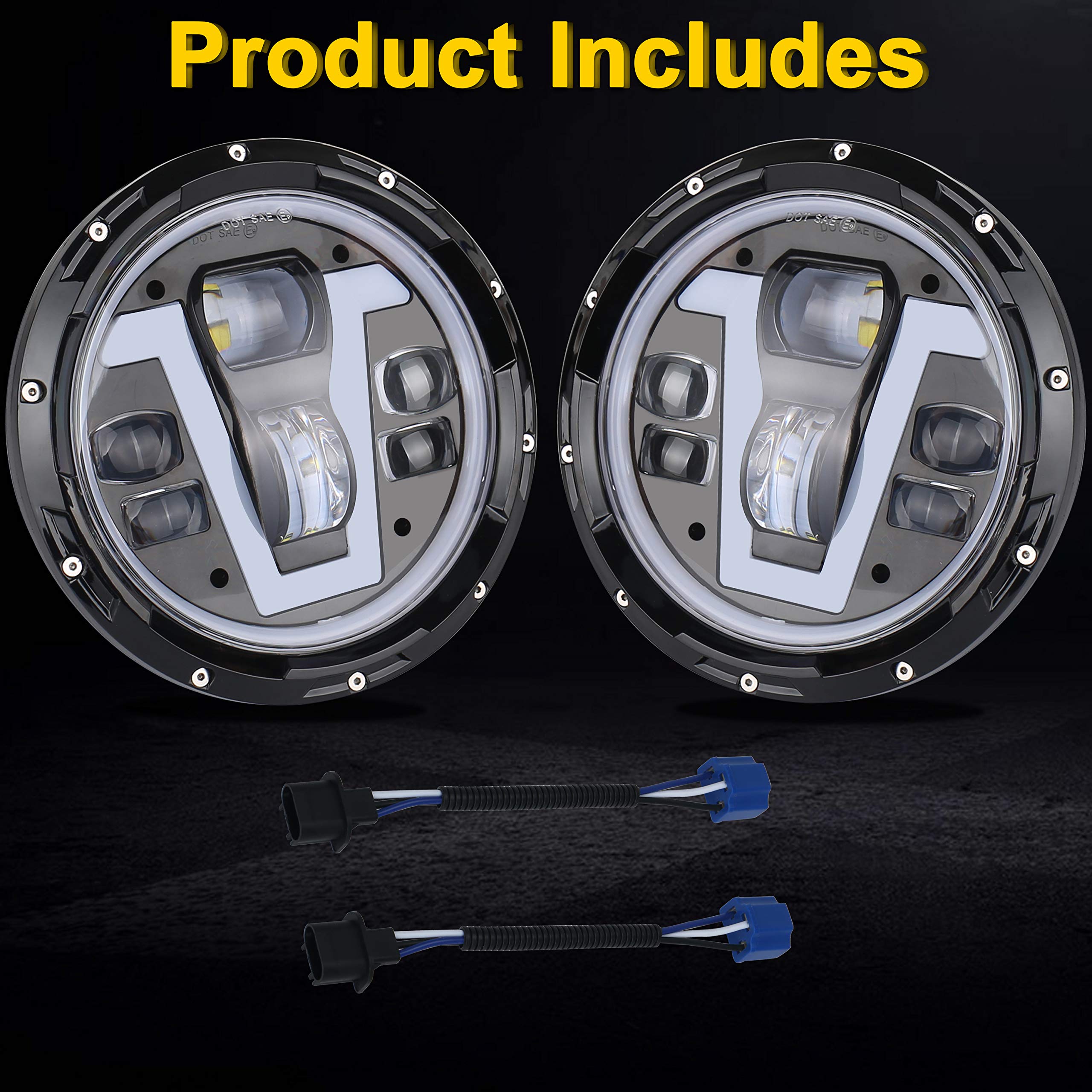 OVOTOR 7 Inch LED Headlights for Jeep Wrangler JK JKU TJ LJ CJ & Hummer H1 H2 - V-Shape White DRL with Amber Halo Turn Signal - Waterproof Off-Road Headlights for Night Driving & Adventure