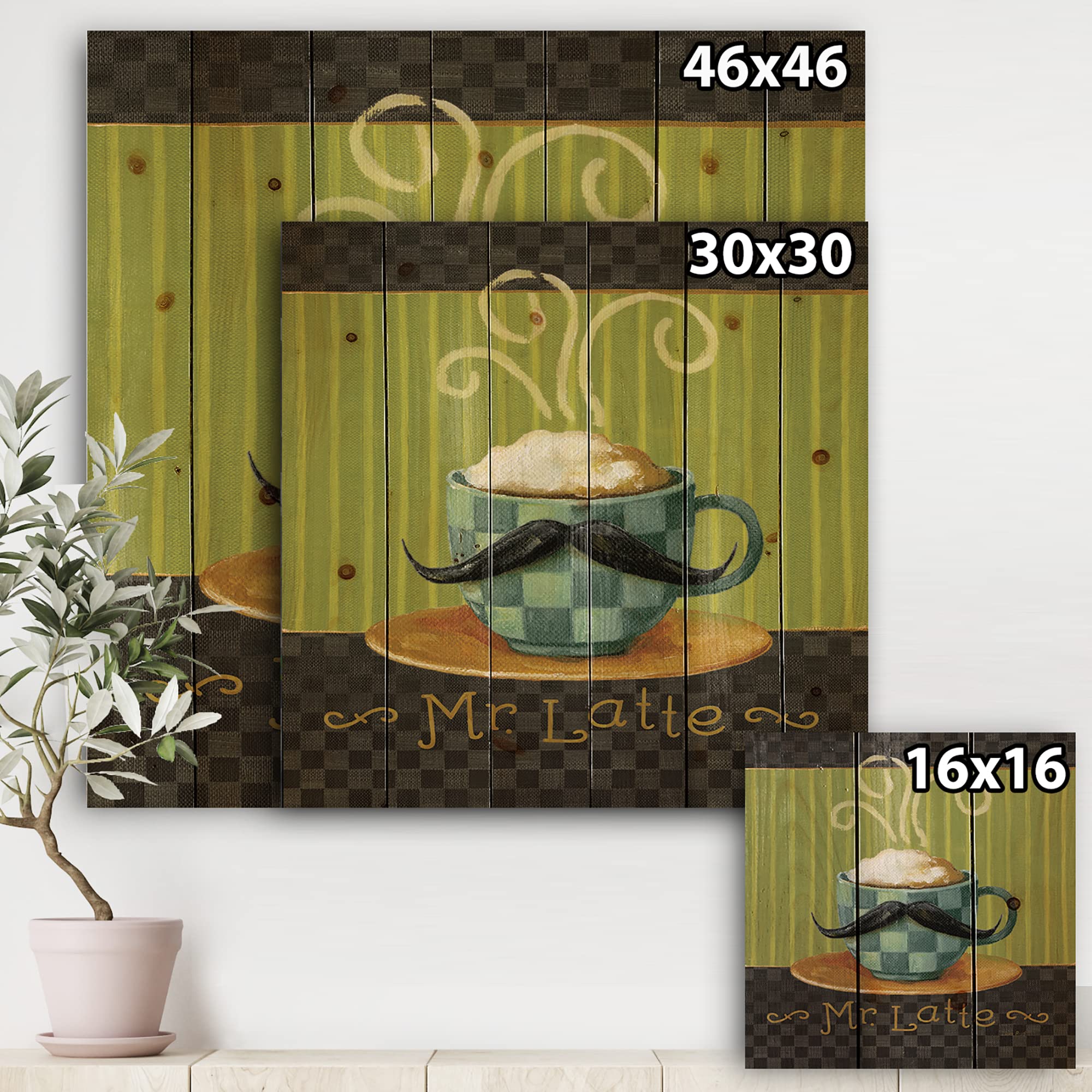 Kitchen Cafe Moustache Print on Pine Wood - 30x30 for Home Decor