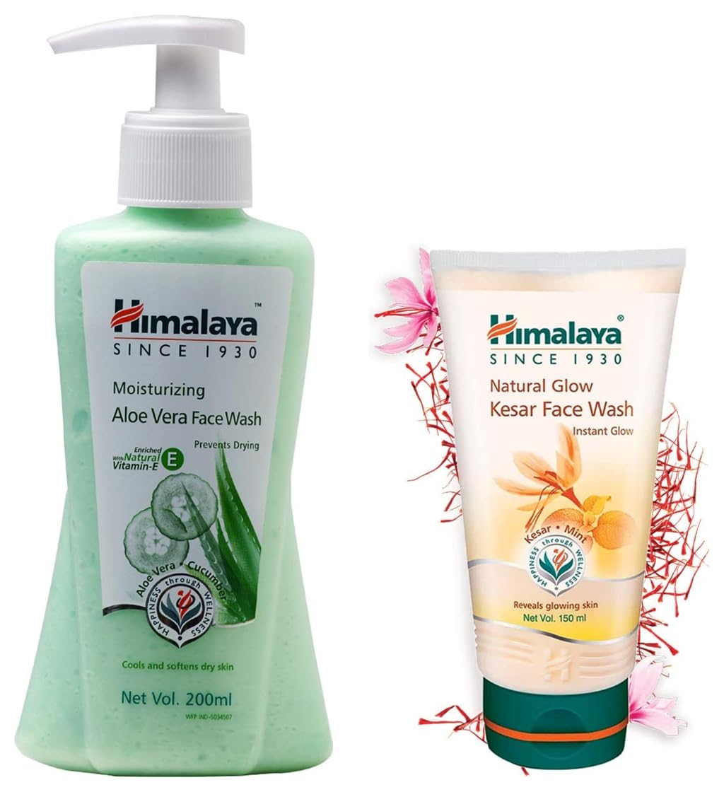 Himalaya Aloe Vera Moisturizing Face Wash 200ml & Kesar Fairness Face Wash 150ml - Gentle Cleansing for Dry & Sensitive Skin, Brightening for Dull Skin - Perfect for Daily Skincare Routine