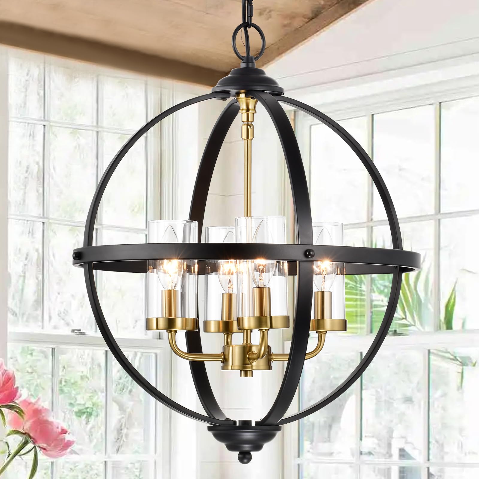 Treekee Rustic Chandelier - 17 Inch Black & Gold Finish Glass Cover Vintage Pendant Light with 4 Globe Lights, Luxurious Ceiling Fixture for Living Room, Dining Room, Entryway | Perfect for Farmhouse Decor, Wedding Venues & Restaurant Lighting