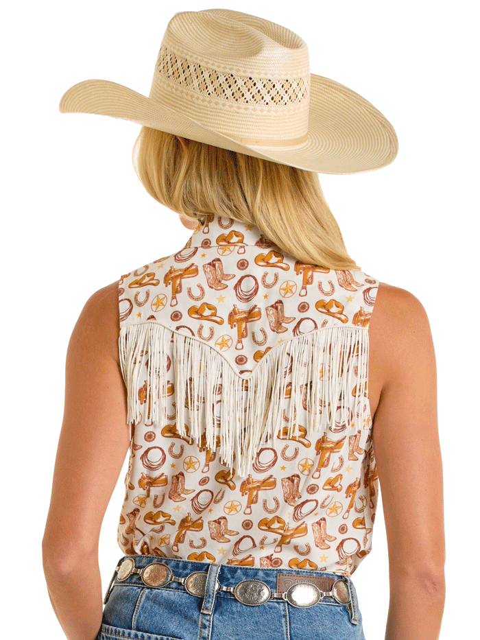 Rock & Roll Denim Women's Sleeveless Snap Button Fringe Shirt - Natural Wash Distressed Denim Top for Concerts, Music Festivals & Boho Chic Outfits