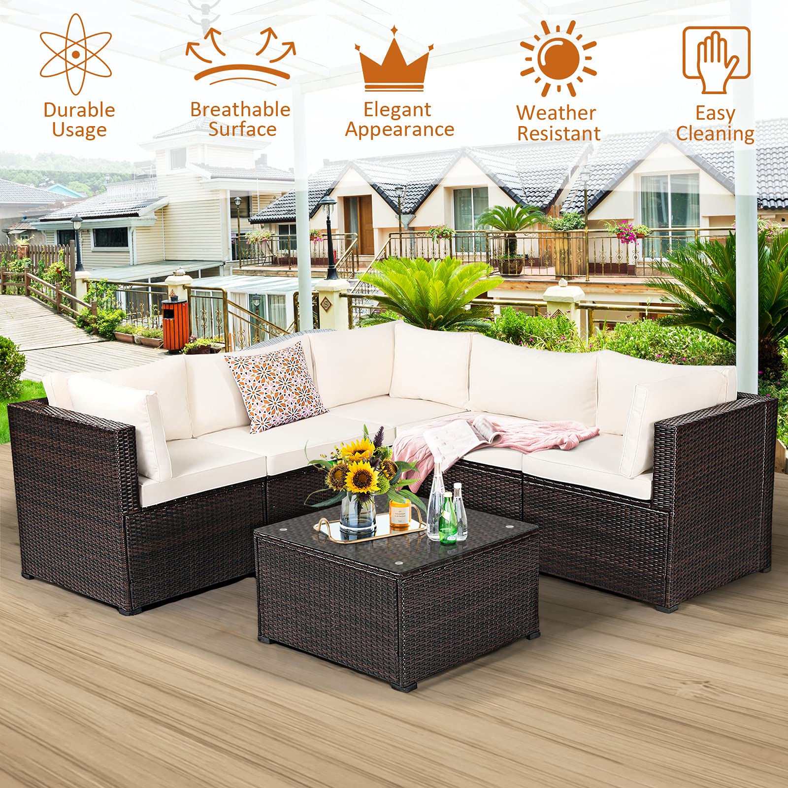 Tangkula 6-Piece Outdoor Patio Furniture Set - All-Weather Rattan Wicker Sectional Sofa with Tempered Glass Coffee Table & Cushions - Perfect for Backyard, Garden, Balcony, Poolside (Beige) | Ideal for Outdoor Entertaining, Relaxation & Lounging