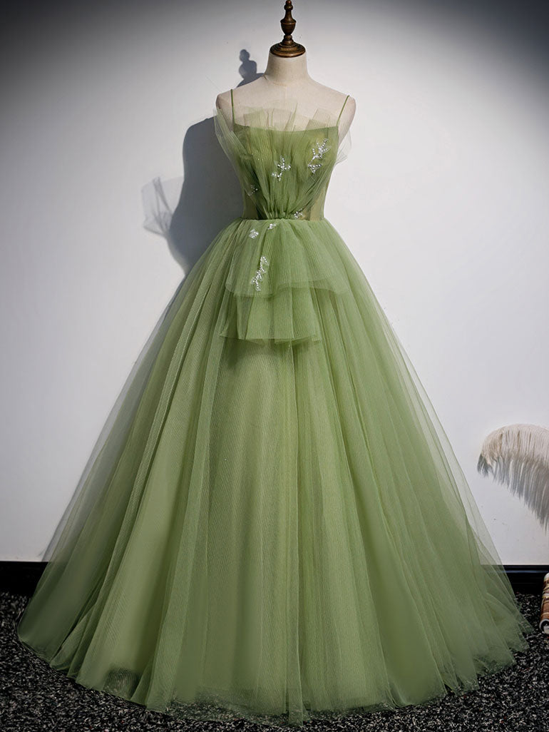 Elegant Green Beaded Tulle Prom Dress for Graduation & Formal Events - Long Sleeve Aline Gown for Homecoming, Ball, and Special Occasions