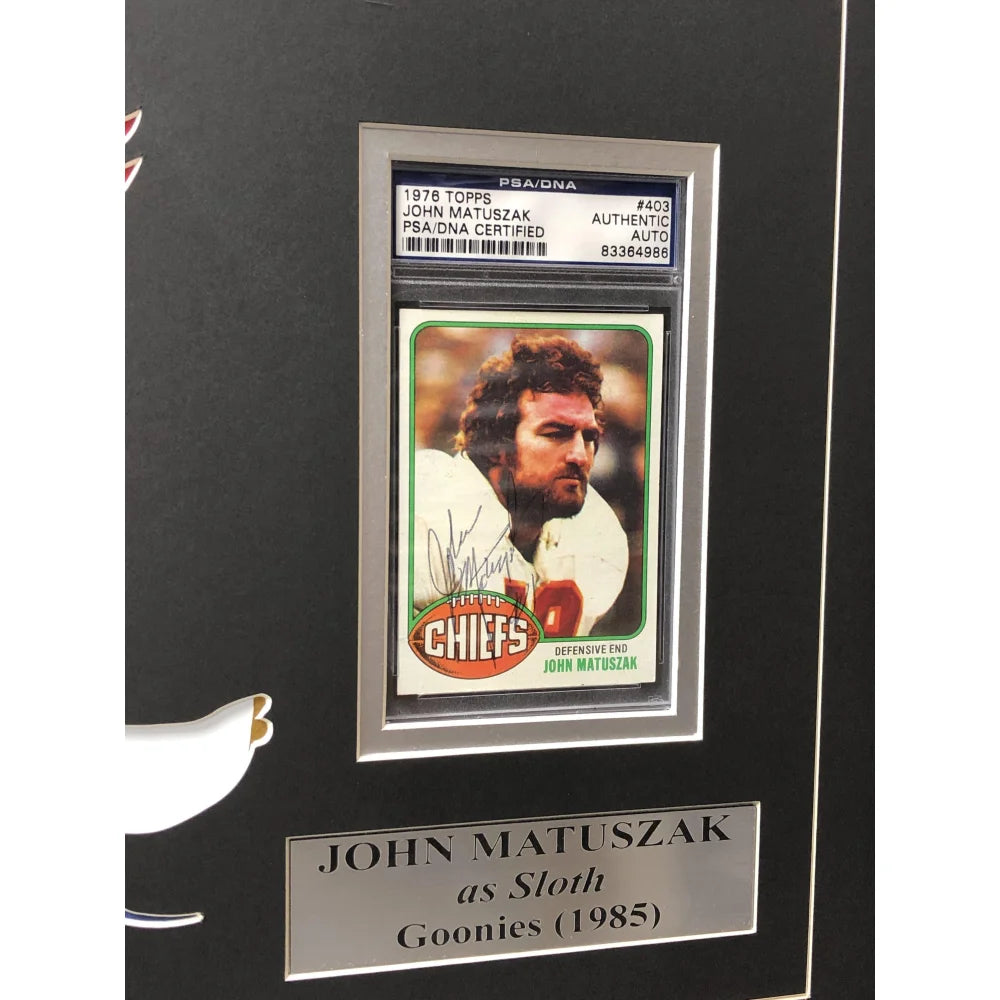 John Matuszak Goonies Sloth Signed Topps Card Framed Collage Autograph with PSA/DNA COA - Perfect for Chiefs & Raiders Fans, Movie Memorabilia Collectors, and Gift for Goonies Lovers