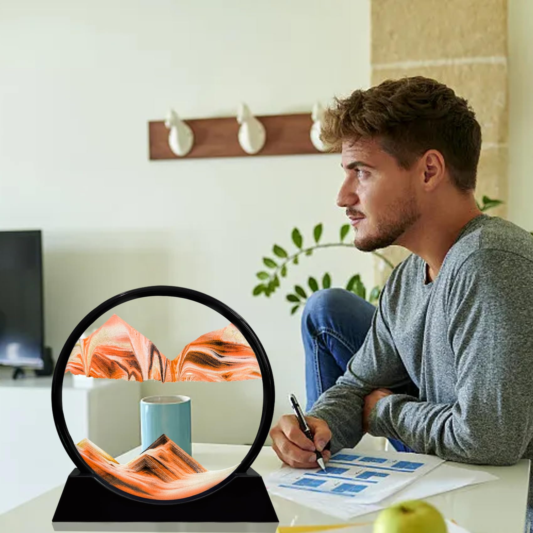Laenshi 7-Inch Round Glass Moving Sand Art Picture - 3D Deep Sea Liquid Motion Sandscapes for Adults, Stress Relief & Relaxation | Desktop, Office, Home Decor (Orange) | Perfect for Meditation, Gifts, and Workspace Decoration