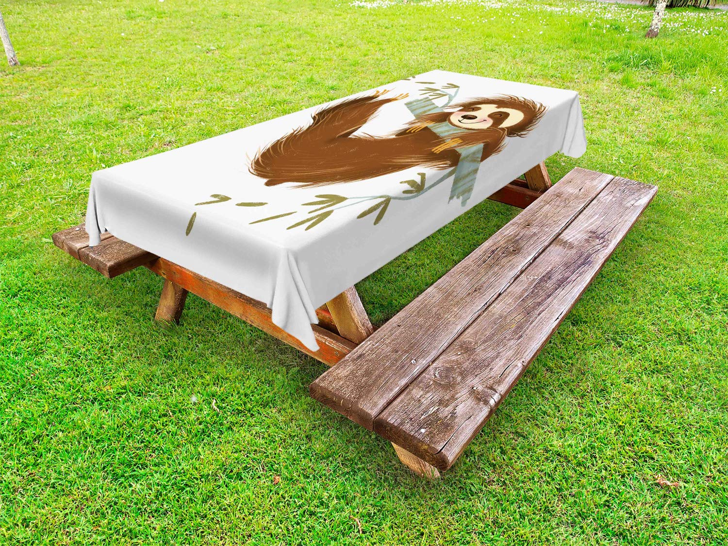 Ambesonne Sloth Print Outdoor Tablecloth - Happy Cheerful Animal Swinging on Tree Branch Hand Drawn Cartoon Design, Washable Picnic Table Cover 58x104 Inches in Brown Khaki Grey - Perfect for Backyard BBQs, Picnics & Outdoor Dining