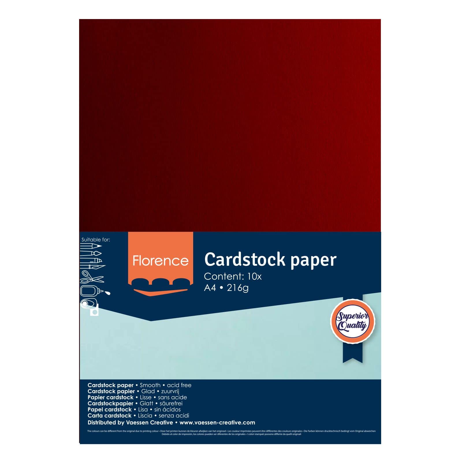 Vaessen Creative Florence Smooth Cardstock - Ruby Red, 216 GSM, 10 Sheets A4 Size for Scrapbooking, Card Making, Die Cutting & Paper Crafts | Perfect for DIY Projects, Wedding Invitations & Home Decor