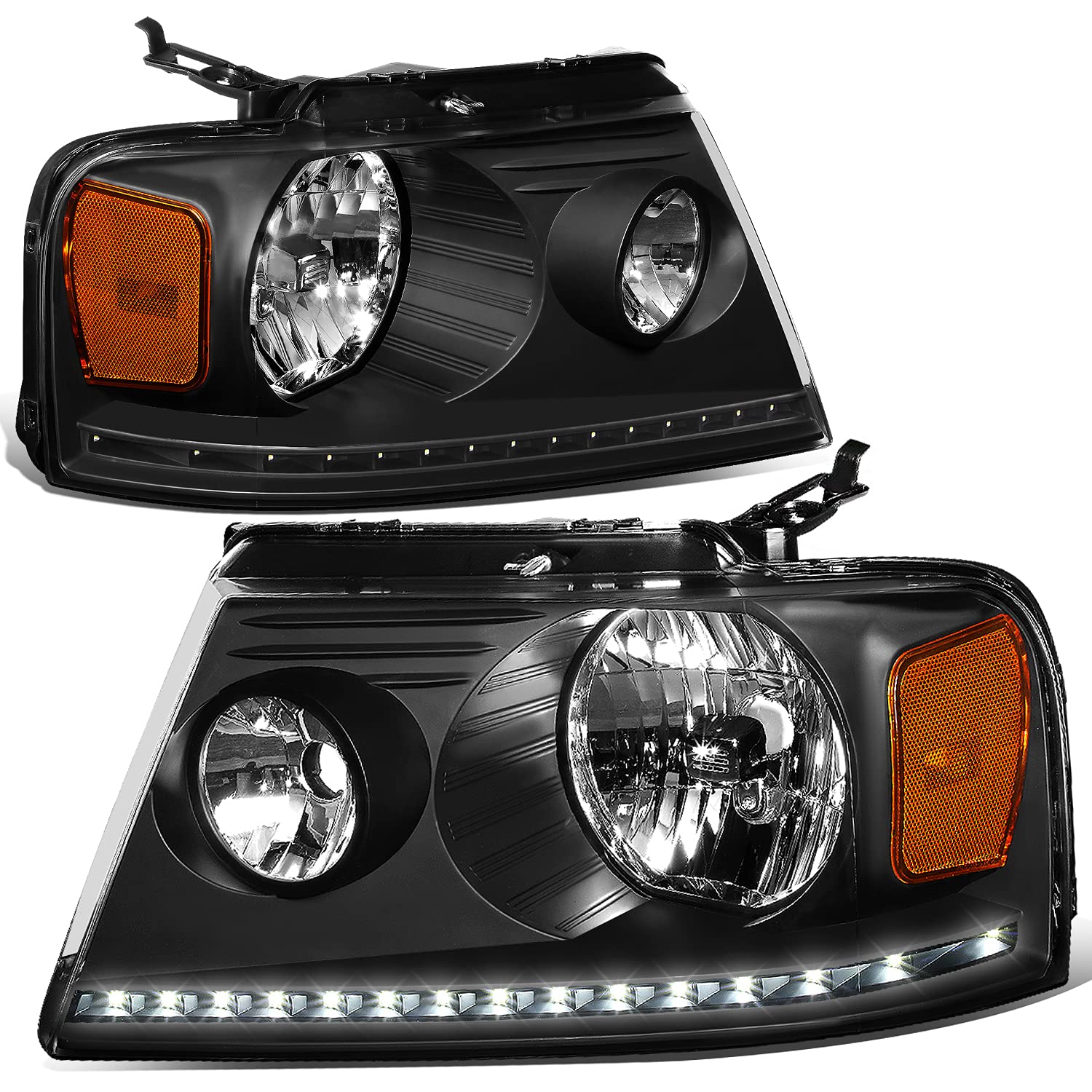 DNA MOTORING HL-LED-F15004-BK-AM Black Amber LED Corner Headlights with Light Bar - Replacement for 2004-2008 Ford F150 & Mark LT - Upgrade Your Truck's Style & Visibility for Night Driving & Off-Road Adventures