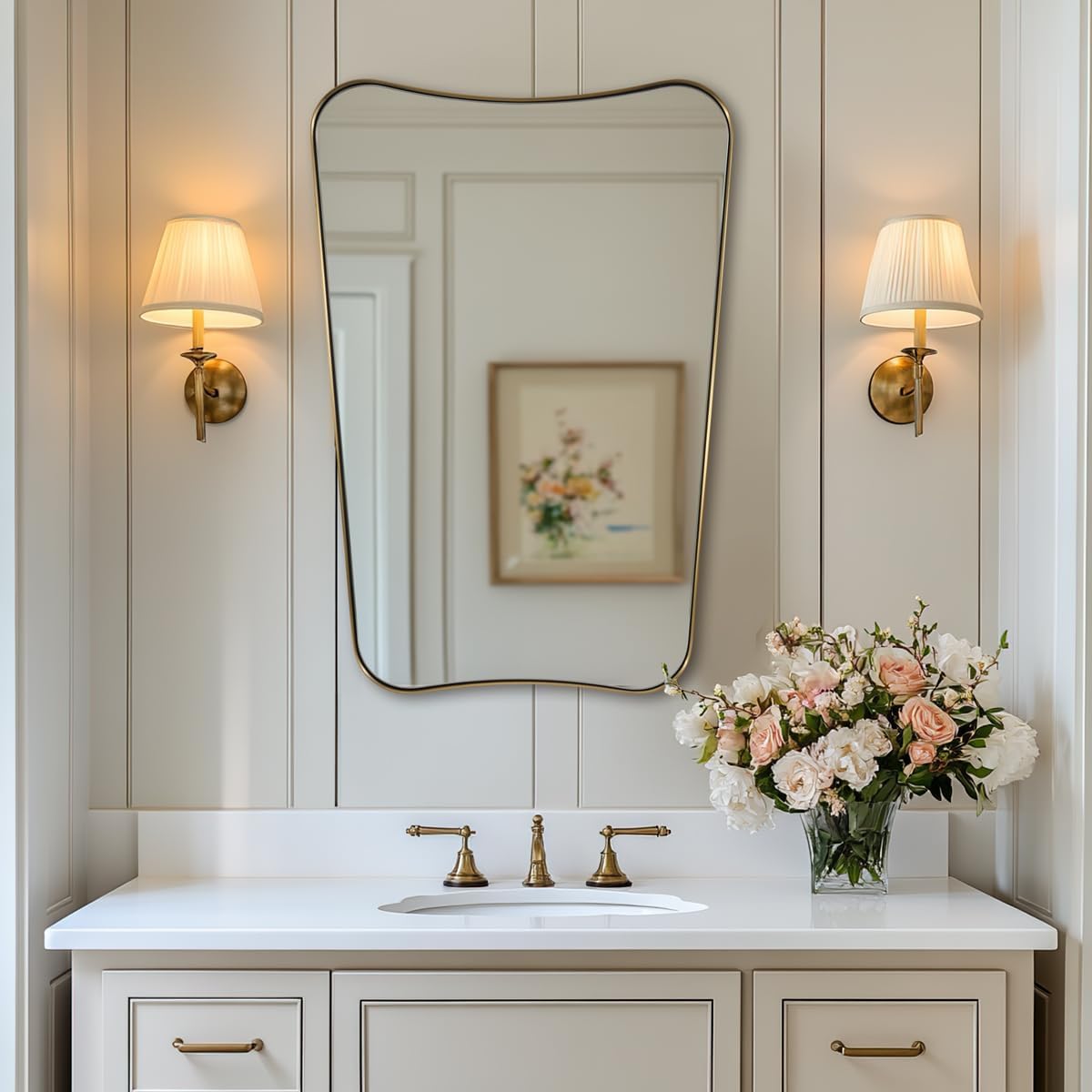 Modern Concave Top Rectangle Irregular Scalloped Bathroom Wall Mirror with Stainless Steel Frame - Perfect for Vanity, Powder Room & Modern Home Decor