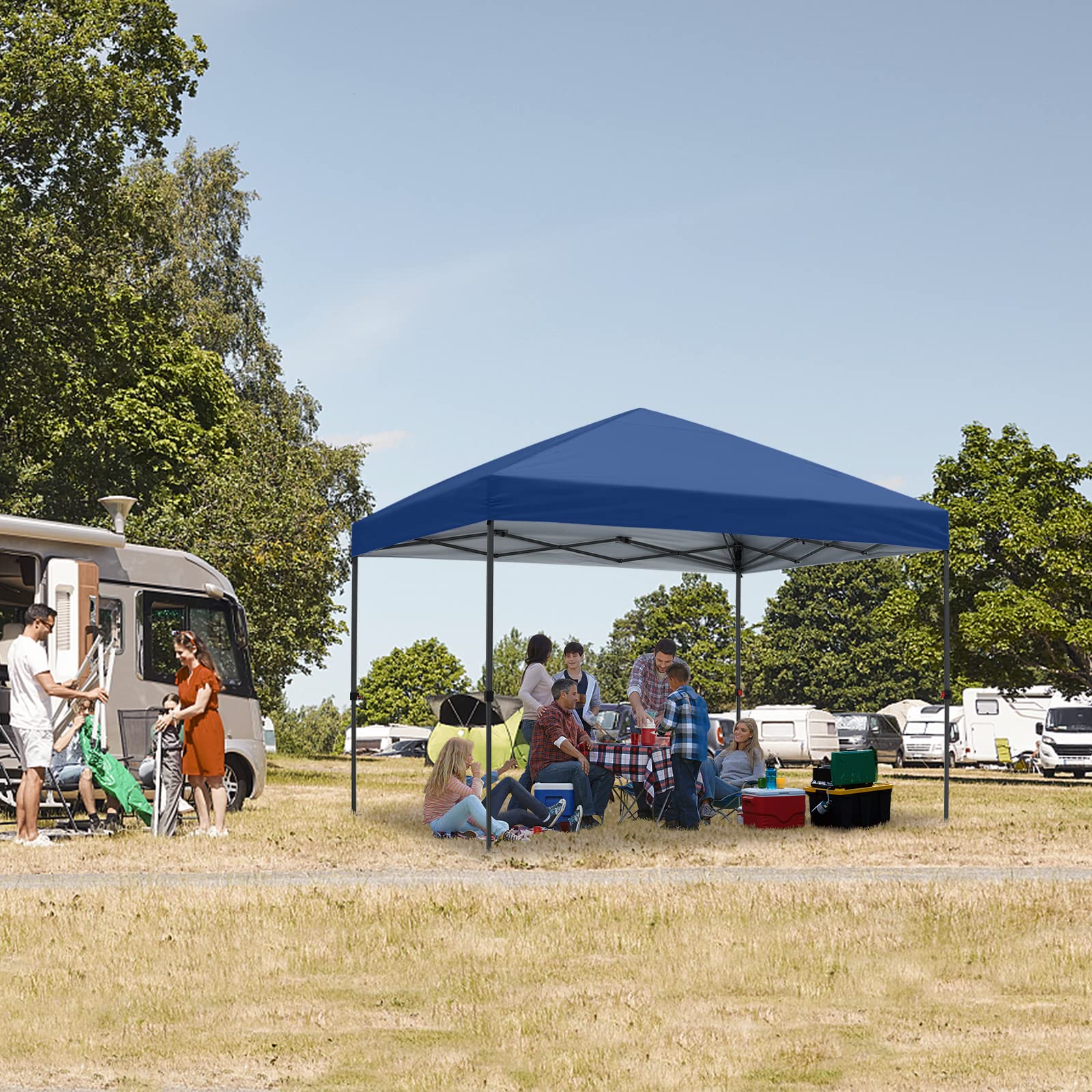 10x10 Pop Up Canopy Tent with Wheeled Carry Bag - Portable Outdoor Shelter for Backyard, Beach, Camping & Events - Includes 4 Ropes, Stakes & Sandbags - Navy Blue