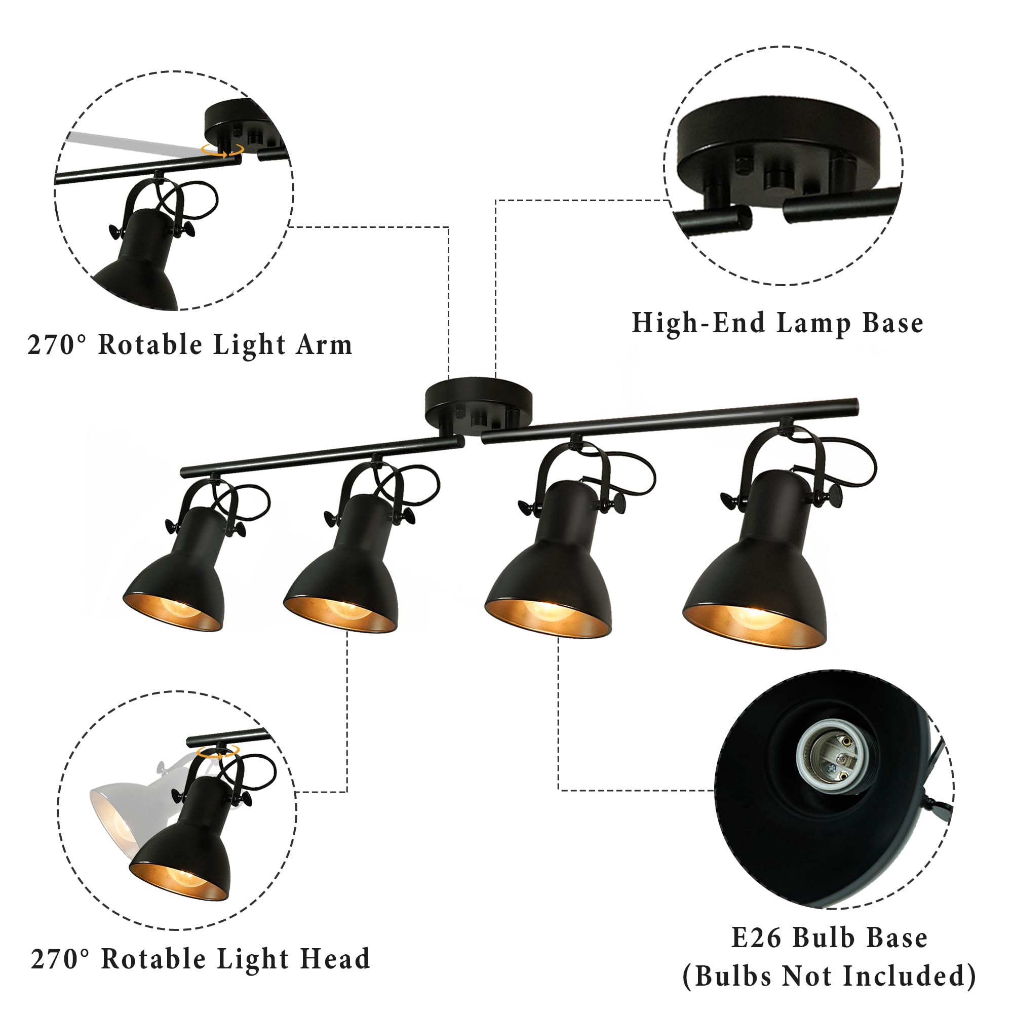 Black Adjustable Track Lighting Kit - 4 Light Ceiling Fixture for Kitchen, Living Room, Office & Commercial Spaces | Dimmable Industrial Lighting for Galleries, Malls & Billiard Tables | Easy Angle Adjustment & Modern Design