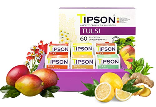 Organic Tulsi Herbal Tea Bags - Assorted Flavors (60 Count) - Non-GMO, Caffeine Free & Gluten Free - Double Chambered Tea Bags for Relaxation & Wellness - Perfect for Stress Relief, Meditation & Daily Detox