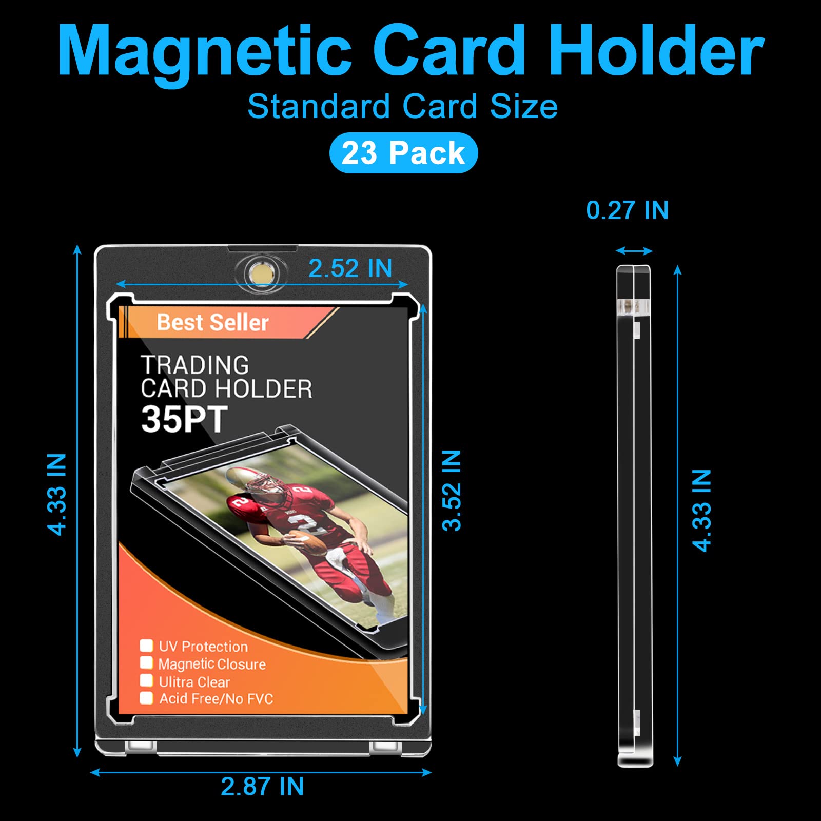 23 Pack - 35PT Magnetic Baseball Trading Card Holders, Hard Acrylic Card Protectors for Sports & Collectible Cards - Standard Size for Game, Display & Storage