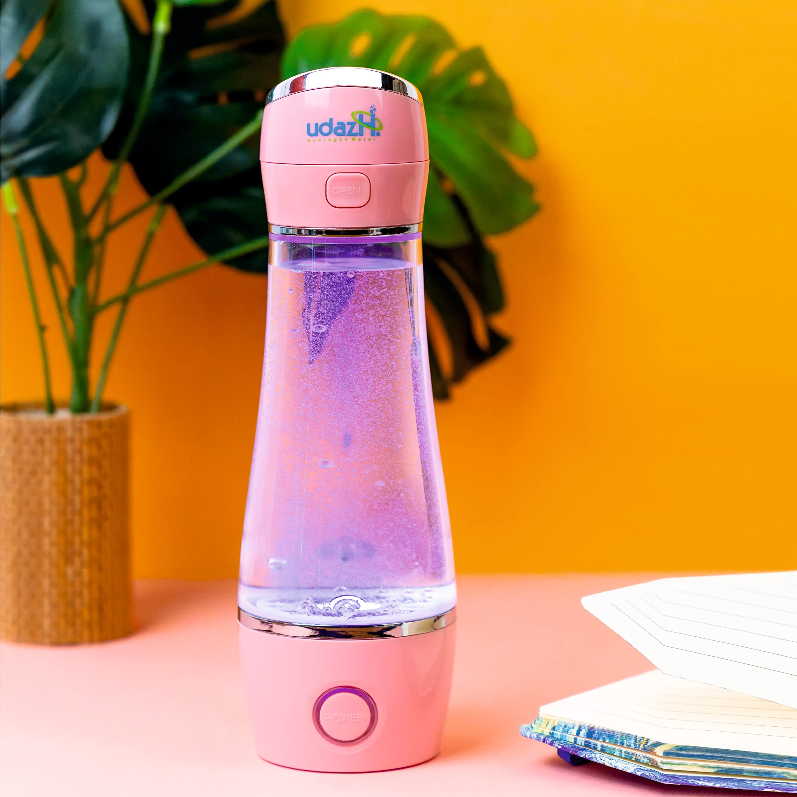 udazH Hydrogen Water Bottle - Rechargeable & Portable Pink Alkaline Water Generator | 280ML Hydrogen Rich Water Maker for Travel, Gym & Office | 1 Year Warranty | Infused Water Bottle for Health & Wellness
