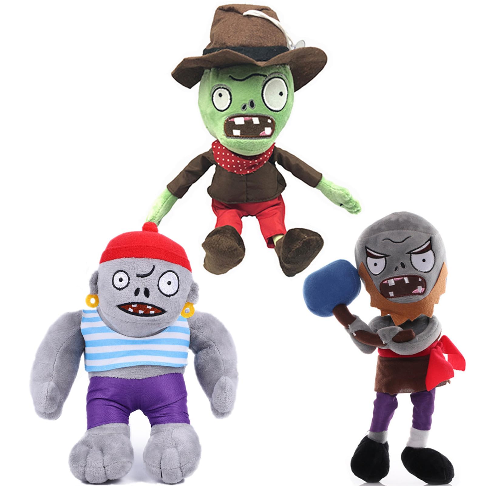 JHESAO 3 PCS Plants vs Zombies Plush Toys Set - Hammer Zombie, Cowboy Zombie & Gargantuar Pirate Zombie Stuffed Figures | PVZ Collectibles for Fans, Game Room Decor & Gift Ideas