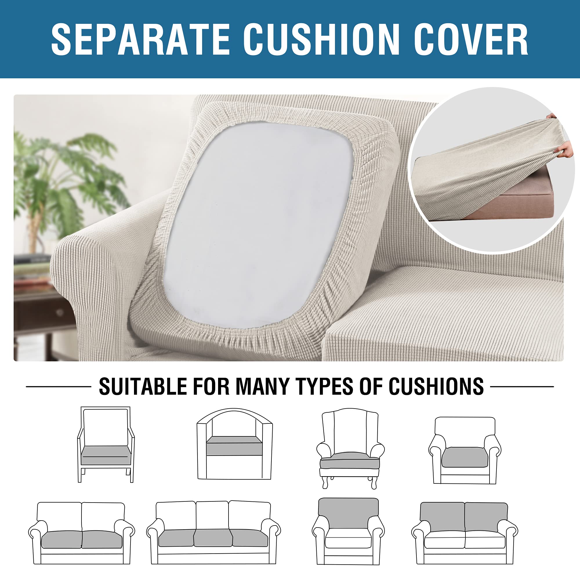 H.VERSAILTEX 4-Piece Stretch Sofa Slipcover for 3-Cushion Couch - Upgraded Thick Jacquard Fabric - Ivory - Perfect for Living Room, Family Room & Home Decor Protection