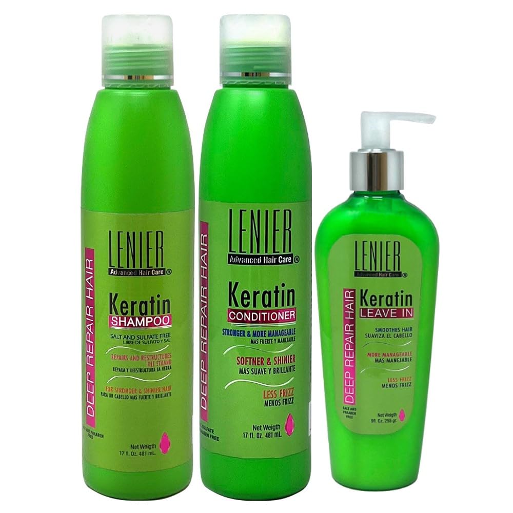Lenier Keratin Shampoo & Conditioner Set with Leave-In Treatment & Comb - Repair Damaged Hair, Hydrate & Protect from Heat/UV for Chemically Treated & Dry Hair - 43oz 4-Piece Kit - Salon Quality Hair Care for Women & Men at Home