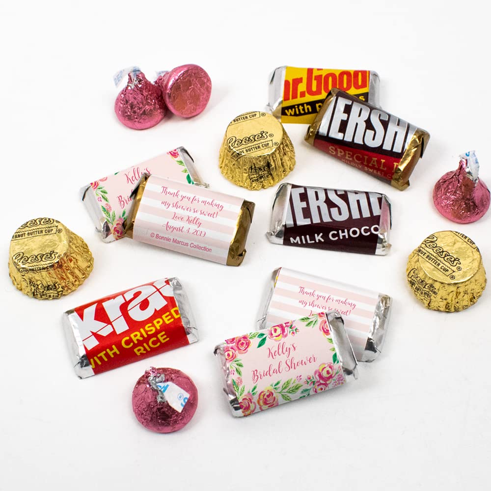 200pcs Custom Floral Bridal Shower Candy Favor Kit - Personalized Wedding Party Favors with Wrapped Chocolates (Hershey's Kisses, Reese's Peanut Butter Cups) - Elegant Botanical Theme for Bridal Showers, Baby Showers & Wedding Receptions
