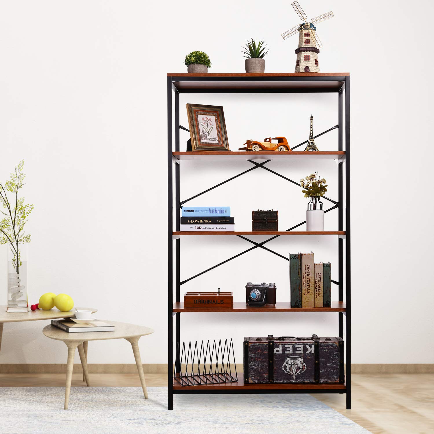 Modern Industrial 4-Tier Tall Bookcase - Open Wood & Metal Bookshelf for Home Office, Living Room, Bedroom - Wide Storage Shelf Unit for Books, Decor & Organizing