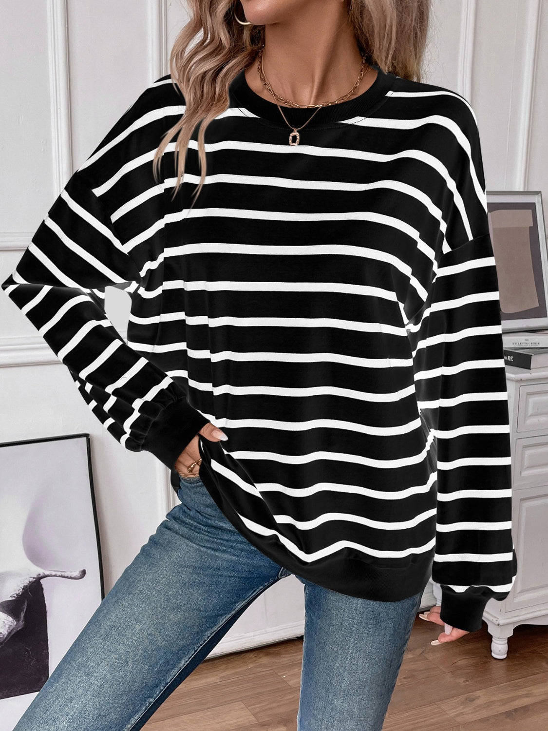 Lovelet Striped Round Neck Long Sleeve Sweatshirt for Women - Cozy Casual Pullover Top for Fall & Winter - Perfect for Lounge, Workout, and Everyday Wear