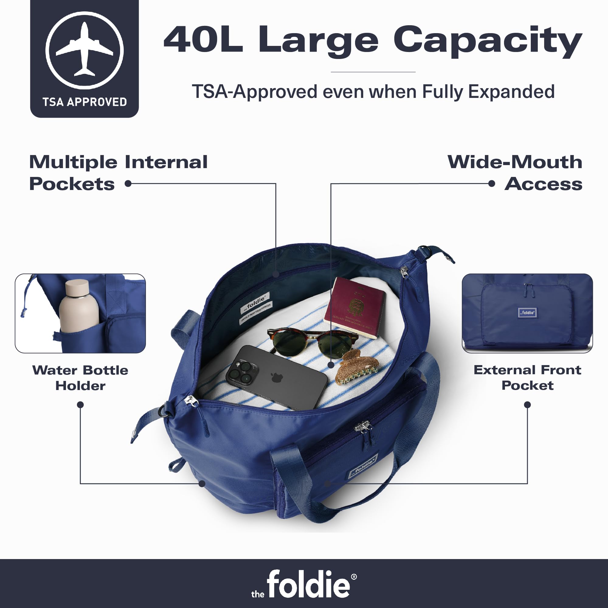 The Foldie® Foldable Travel Tote Bag for Women - Lightweight Weekender Bag with Pockets, Perfect for Gym, Beach & Airplane Travel | Carry-On Essentials & Overnight Trips