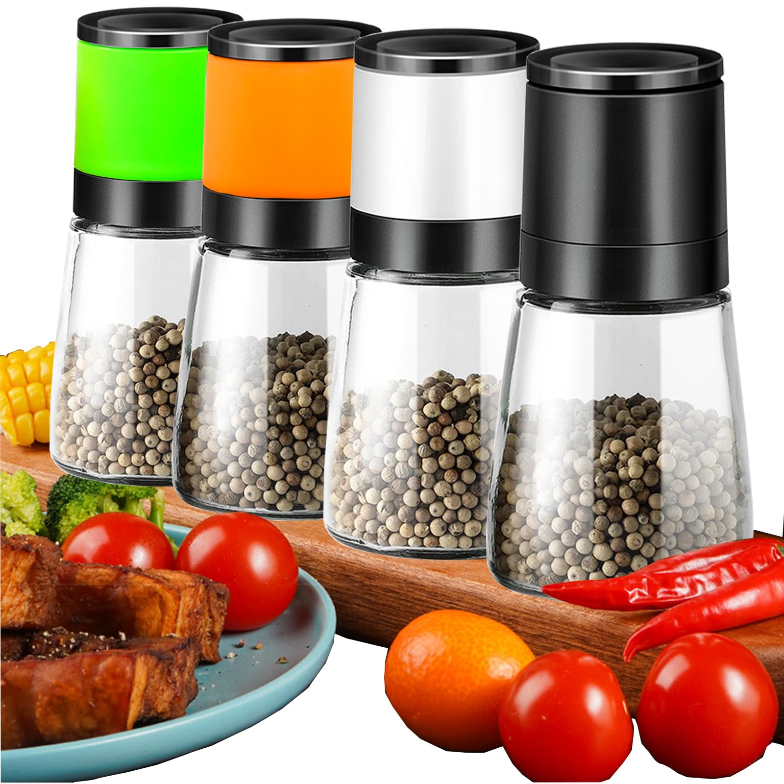 Premium Salt and Pepper Grinder Set of 4 - Refillable Adjustable Ceramic Mill with Glass Body - Perfect for Kitchen, Dining Table & Gourmet Cooking