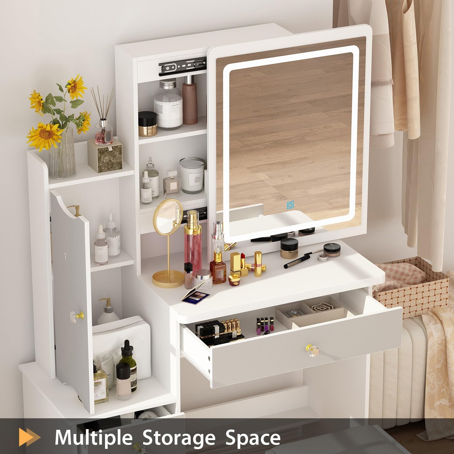FAMAPY White and Grey Vanity Desk with Mirror & LED Lights, Makeup Dressing Table with Sliding Lighted Mirror, Cushion Stool, Drawers & Shelves - Perfect for Bedroom, Dorm Room & Beauty Salon Decor