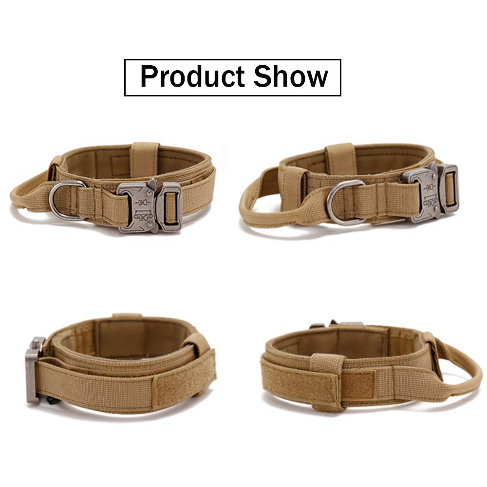 Tactical Military Dog Collar - Heavy Duty Adjustable Nylon Collar with Metal Buckle & Handle for Training - Perfect for Outdoor Adventures, Hiking & Security Dogs (Brown, Large)