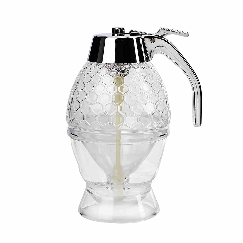 EKDSPW Bee Honey Dispenser Bottle with Drip-Free Spout - 12oz Glass Honey Jar with Wooden Stand, Squeeze Bottle for Syrup, Juice, Sauces - Perfect for Kitchen, Coffee Bar, Tea Station & Breakfast Table