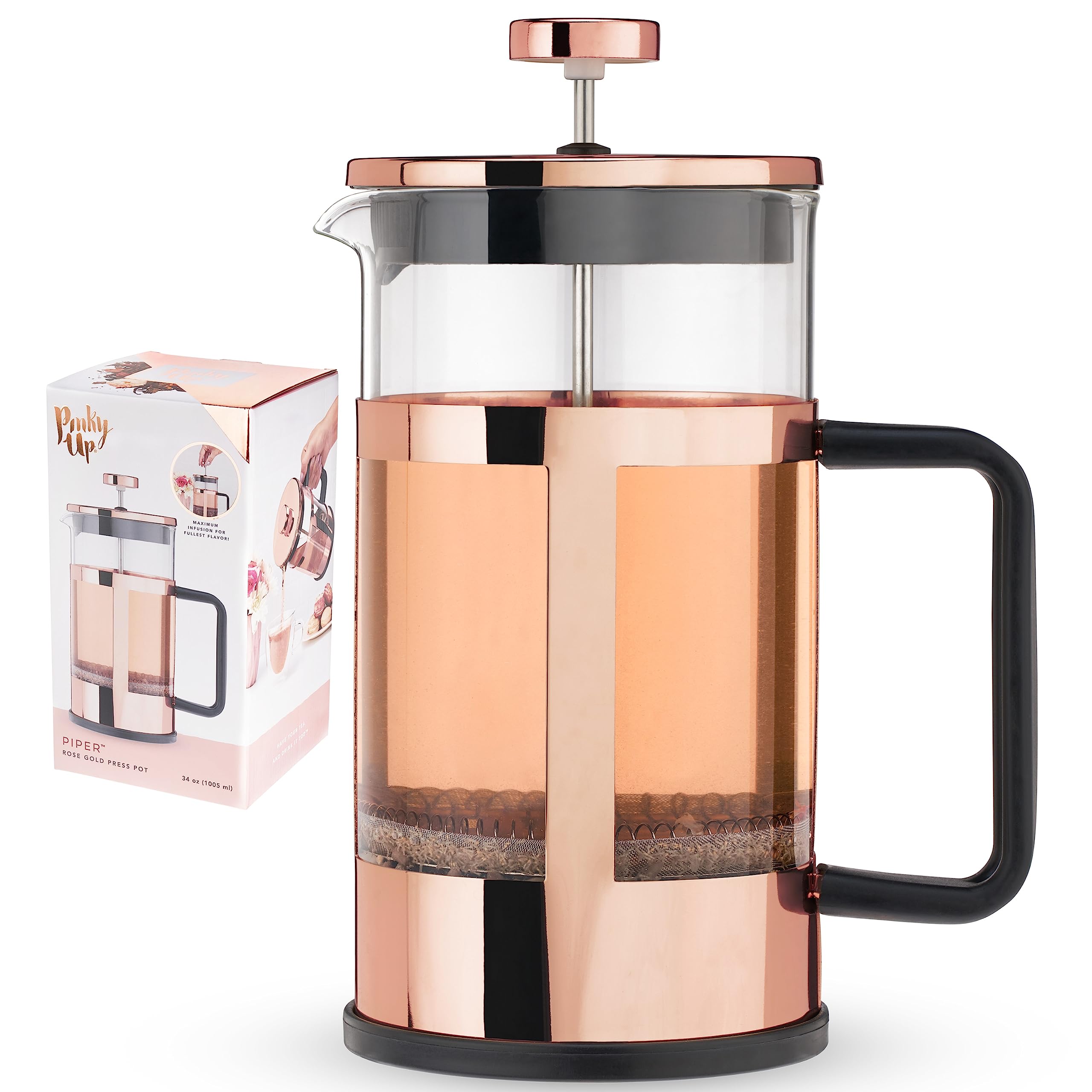 Pinky Up Piper Tea Press Pot - 34 oz French Press Coffee Maker for Loose Leaf Tea & Coffee, Hot & Iced Beverage Brewer in Rose Gold - Perfect for Home, Office & Outdoor Use