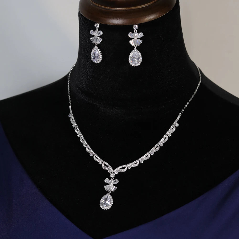 Elegant Water Drop Necklace and Earring Set for Women - Adjustable Length Sterling Silver Jewelry Gift for Birthday, Anniversary, Wedding & Special Occasions