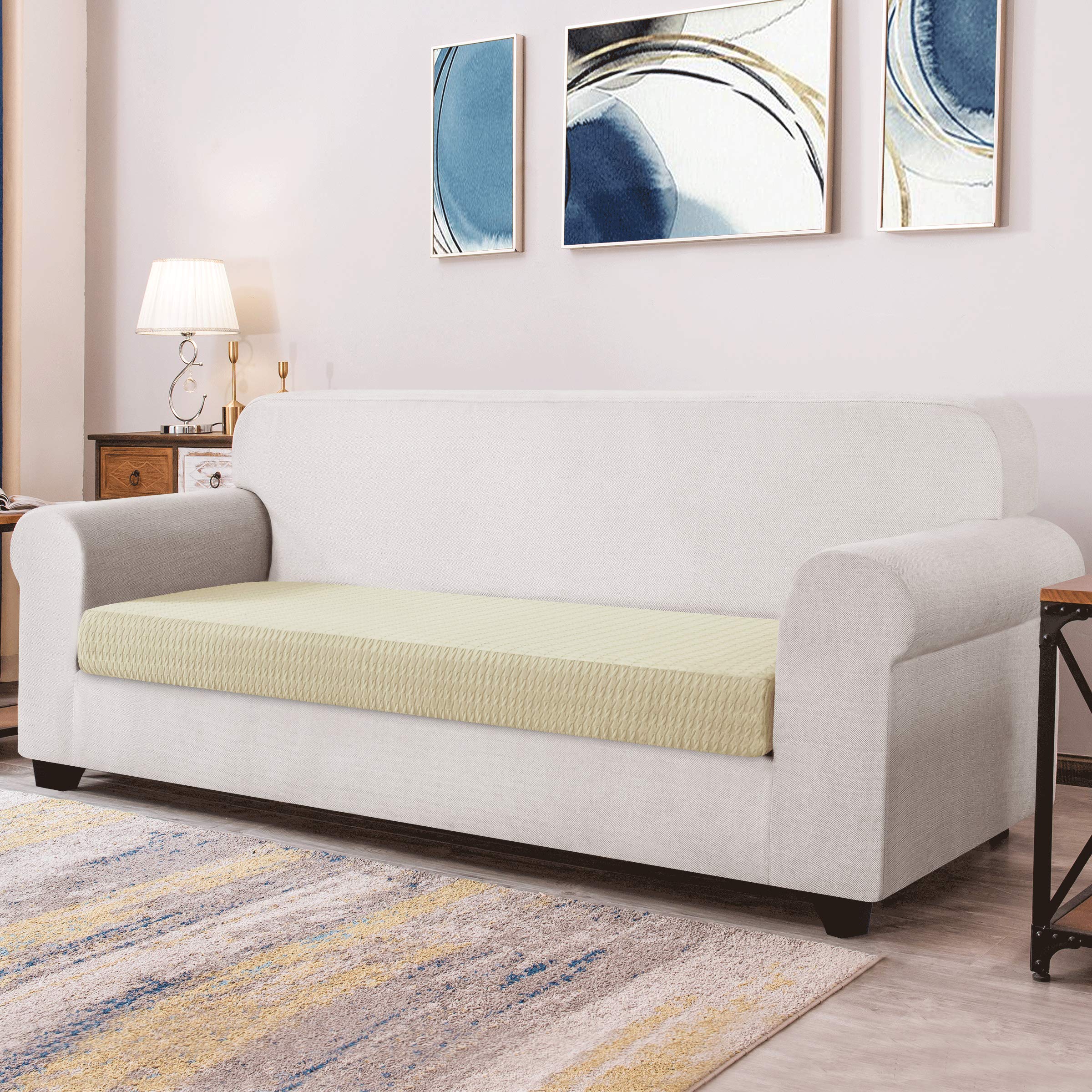 CHUN YI Stretch Houndstooth Couch Cushion Cover - Universal Spandex Slipcover for Armchair, Loveseat & Sofa (Large, Ivory White) - Perfect for Living Room, Bedroom & Office Decor