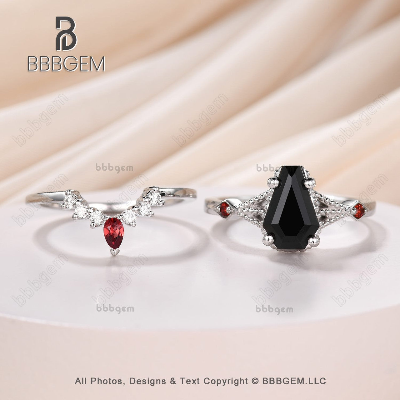 Platinum Coffin Black Spinel & Diamond Wedding Ring Set - 9x6mm Coffin Shaped Onyx & Natural Garnet Engagement Rings for Women | Perfect for Gothic Weddings, Alternative Fashion & Unique Jewelry Lovers