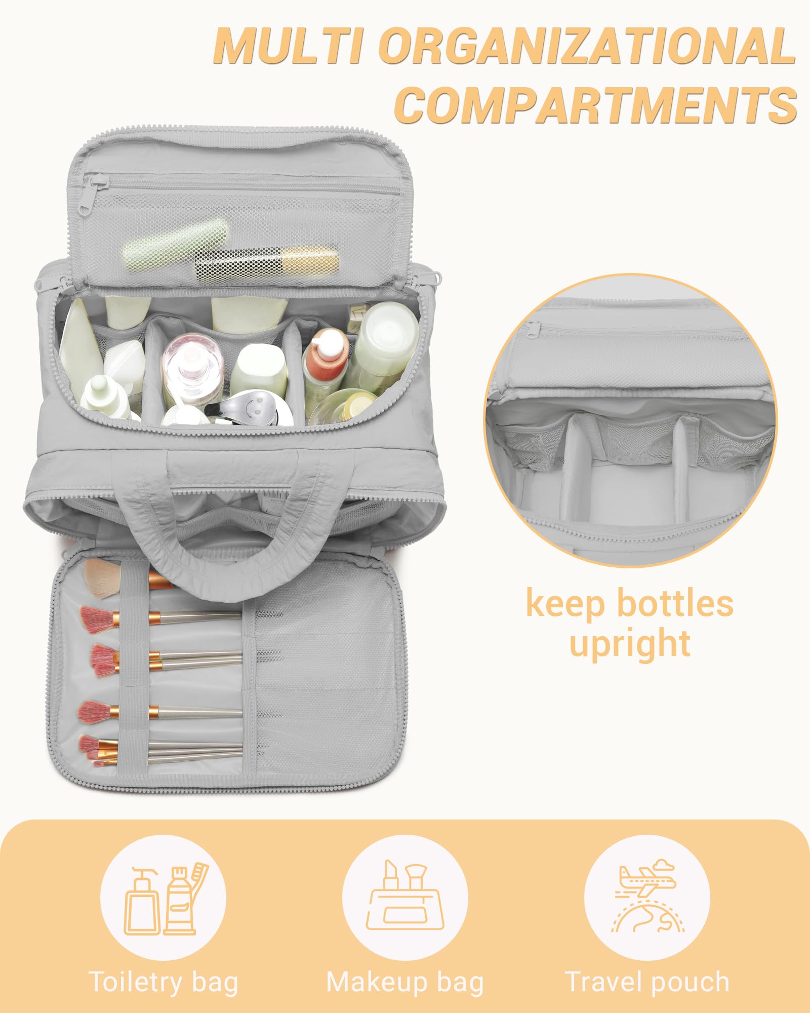 Quilted Travel Toiletry Bag for Women - Lightweight Cosmetic Organizer with Handle for Makeup, Accessories & Essentials | Perfect for Vacation, Gym & Business Trips (Grey)