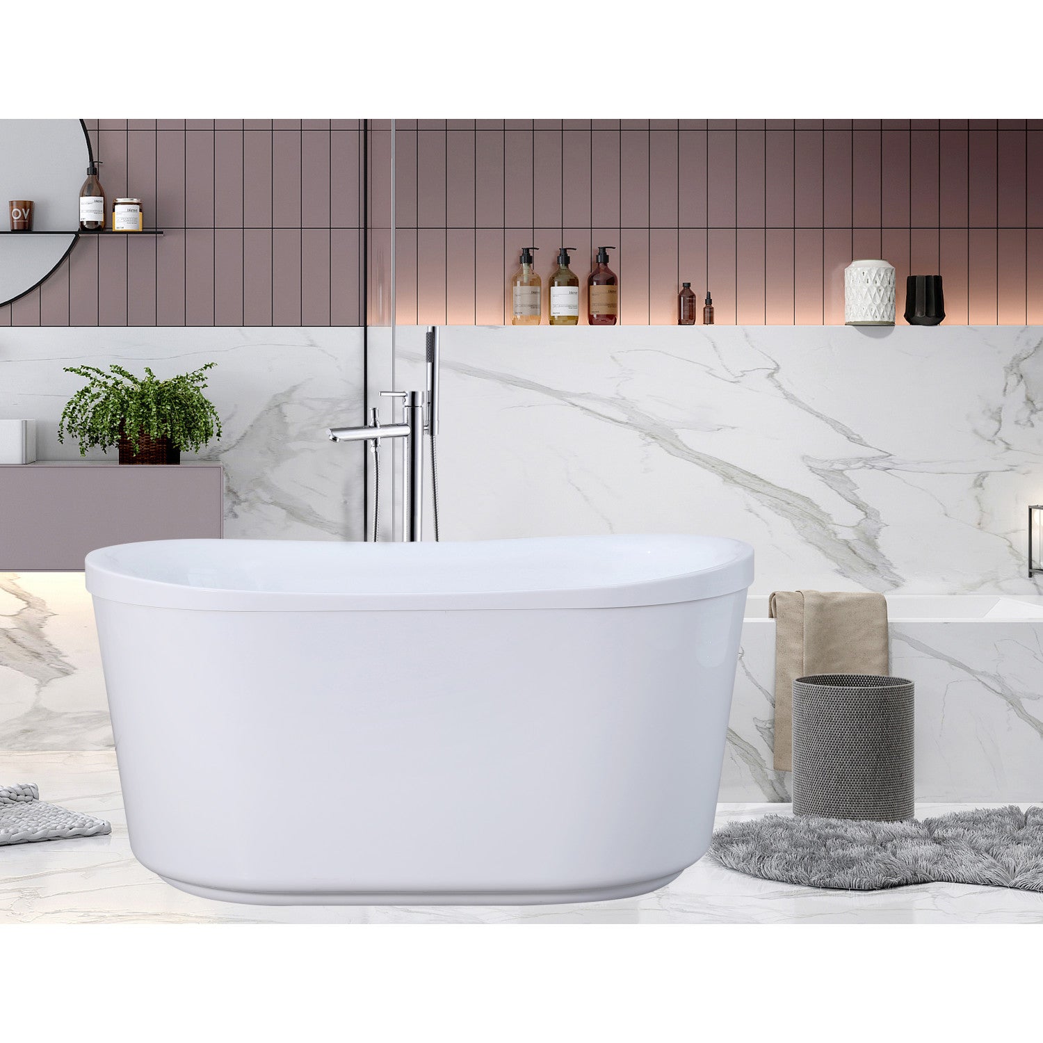 Aqua Eden VTDE513026BA 51 Inch Acrylic Oval Double Slipper Freestanding Bathtub with Drain - Glossy White - Luxury Soaking Tub for Spa-Like Relaxation in Master Bathroom