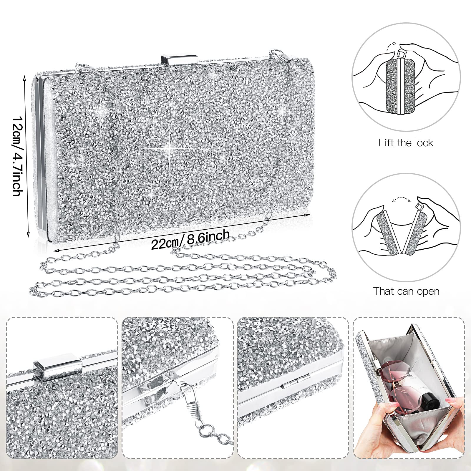 Sparkling Rhinestone Evening Clutch Purse for Women - Double Sided Glitter Handbag with Chain Strap, Crossbody & Shoulder Bag for Wedding, Party, Prom, Date Night & Special Occasions