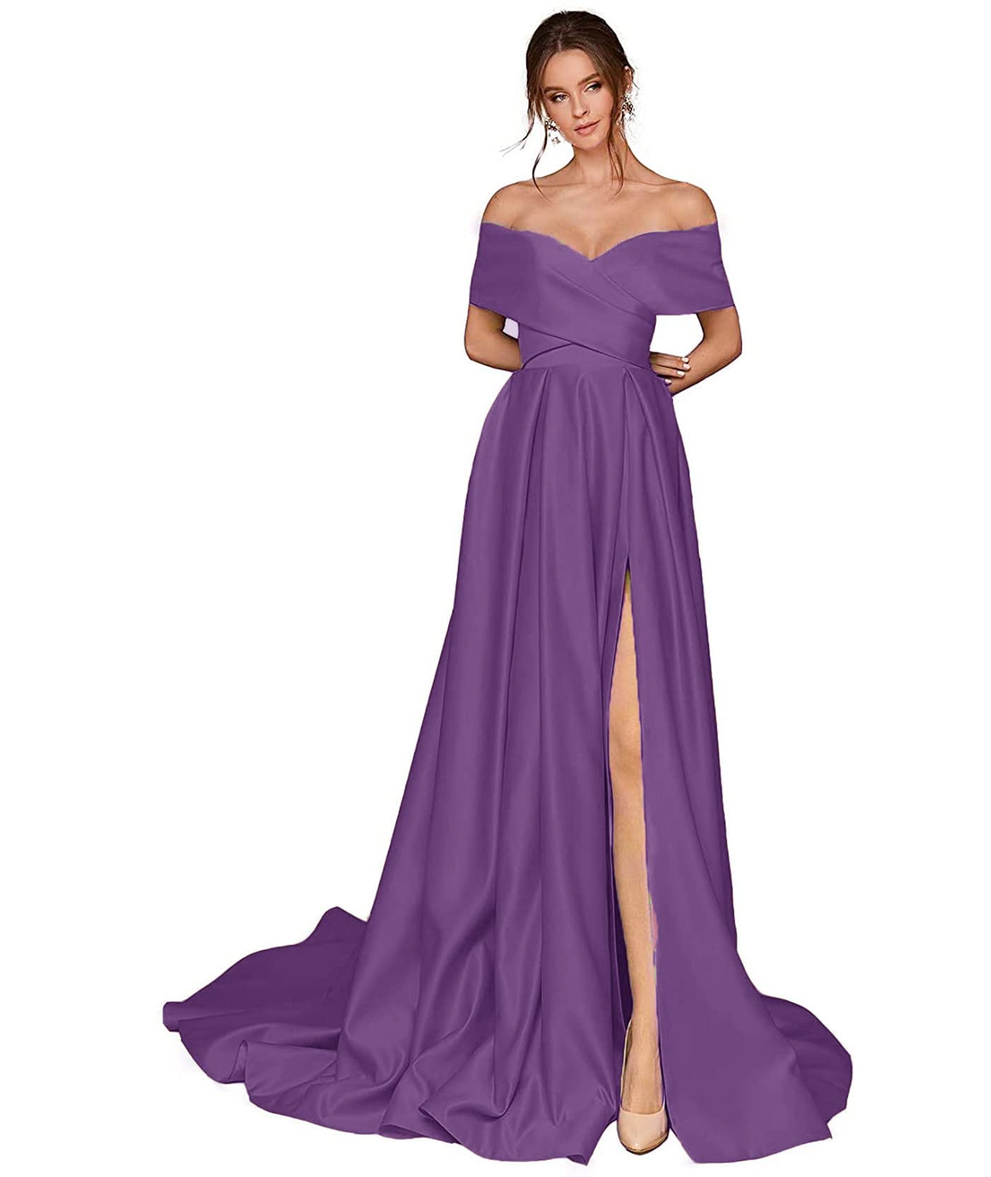 Elegant Off-The-Shoulder Prom Dresses for Women - Long Split Formal Evening Gowns with Pockets | Satin A-Line Party Dress for Homecoming, Wedding Guest & Special Occasions