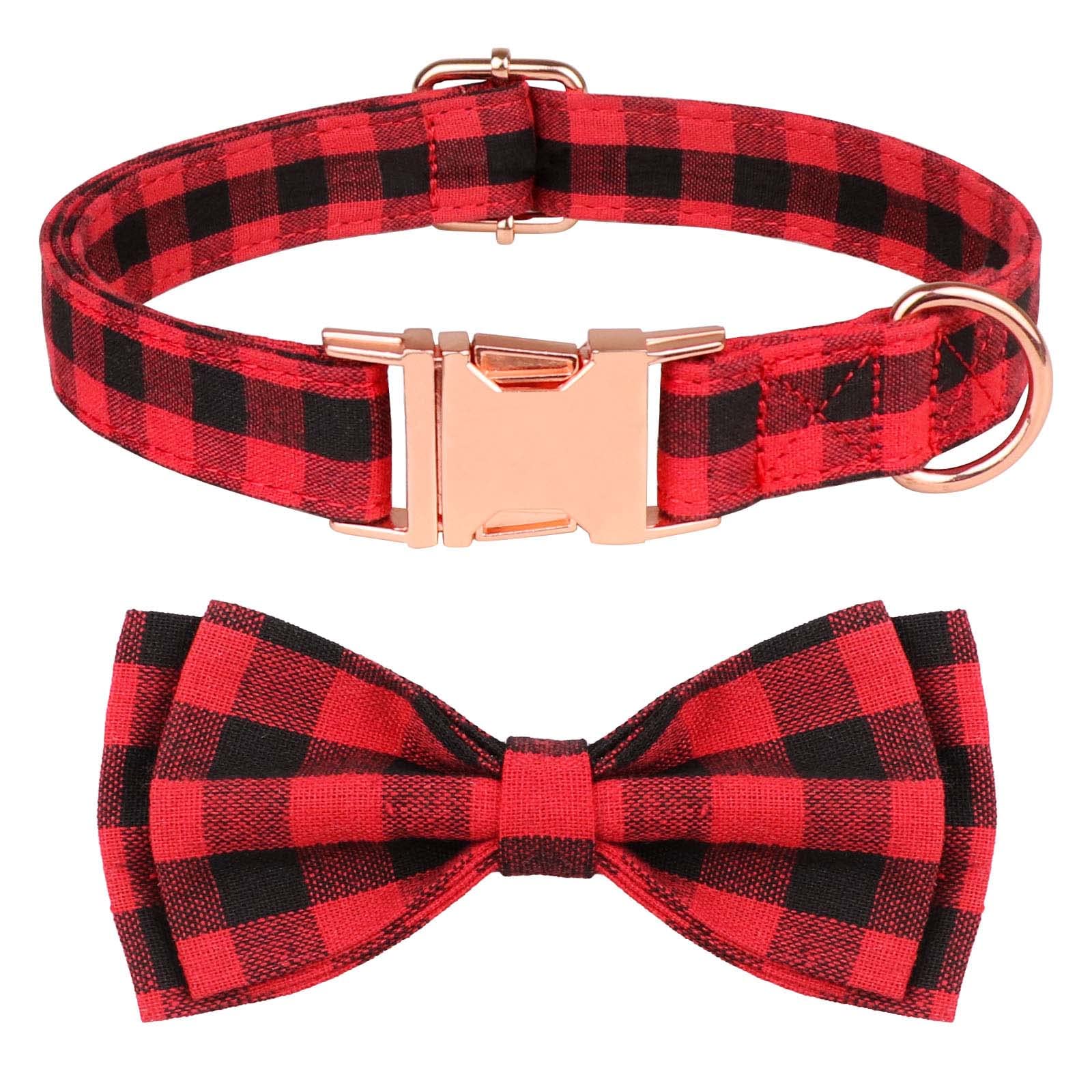 Festive Buffalo Plaid Bowtie Dog Collar with Rose Gold Buckle - Adjustable Christmas Pet Collar for Small, Medium & Large Dogs - Perfect for Holiday Photos & Seasonal Outfits