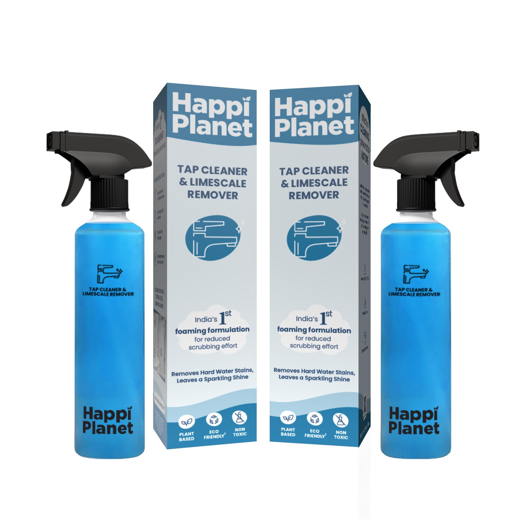 Happi Planet Foaming Tap Cleaner & Limescale Remover - 500ml X 2 Pack | All-Purpose Bathroom Cleaner for Taps, Showers, Tiles & Mirrors | India's 1st Foaming Formulation Reduces Scrubbing | Perfect for Hard Water Stain Removal & Daily Bathroom Cleaning