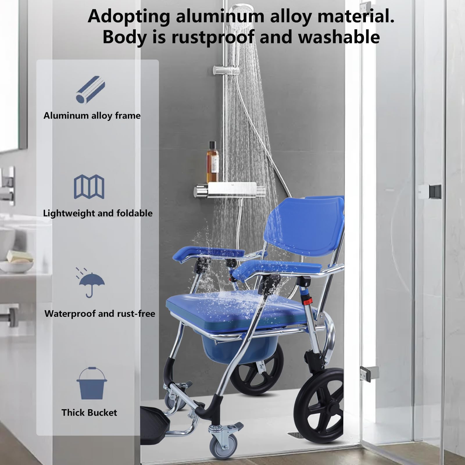 Folding Shower Commode Wheelchair - 300lbs Capacity Bariatric Commode Chair with Padded Seat, Waterproof Rolling Shower Chair with Armrests & Backrest, Mobility Aid for Elderly & Disabled - Ideal for Small Bathrooms & Home Care Use