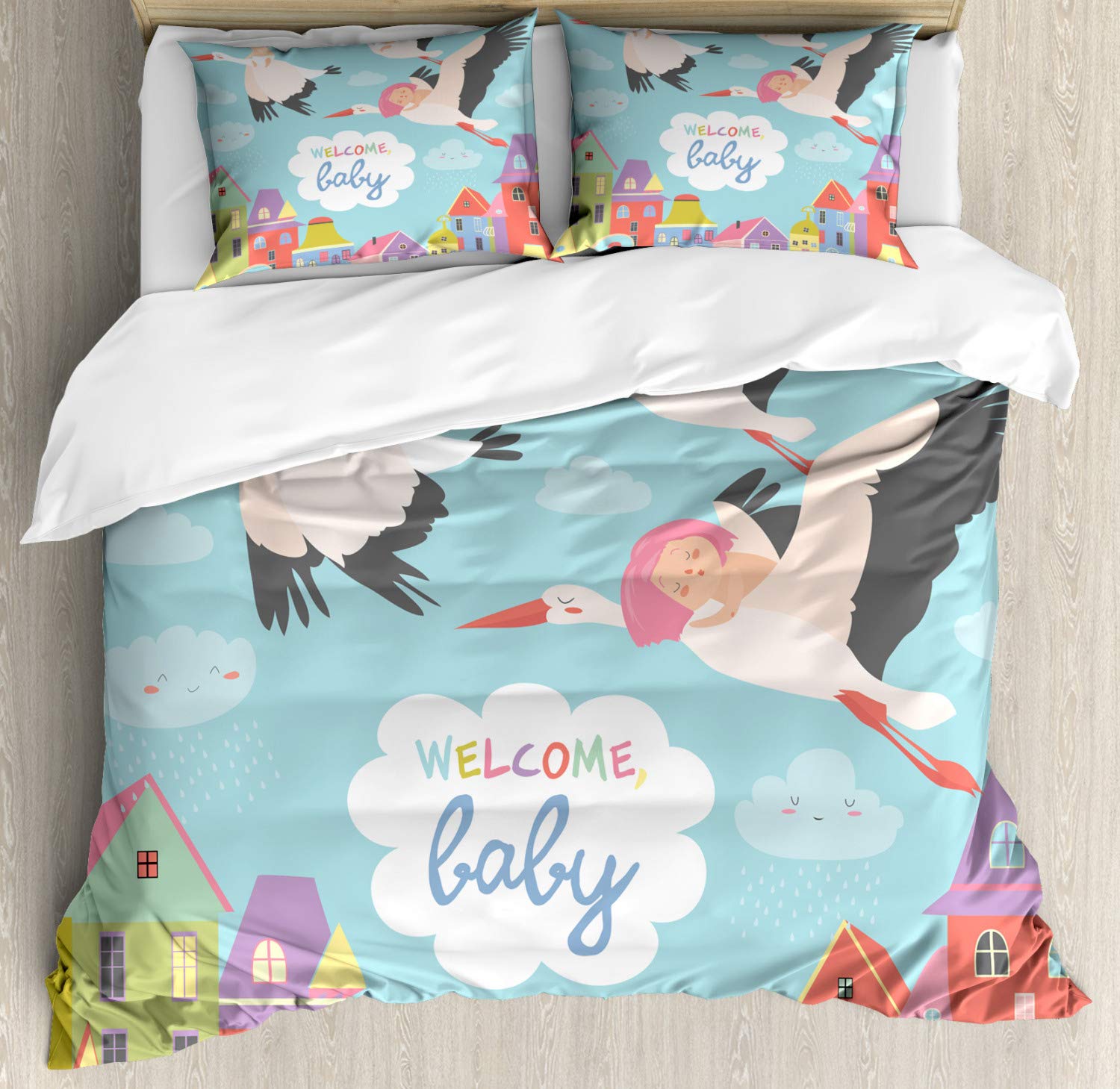 Ambesonne Stork Themed Duvet Cover Set - Queen Size 3-Piece Bedding with 2 Pillow Shams | Cartoon City Design, Colorful Nursery Decor for Baby Shower Gifts & Kids Room