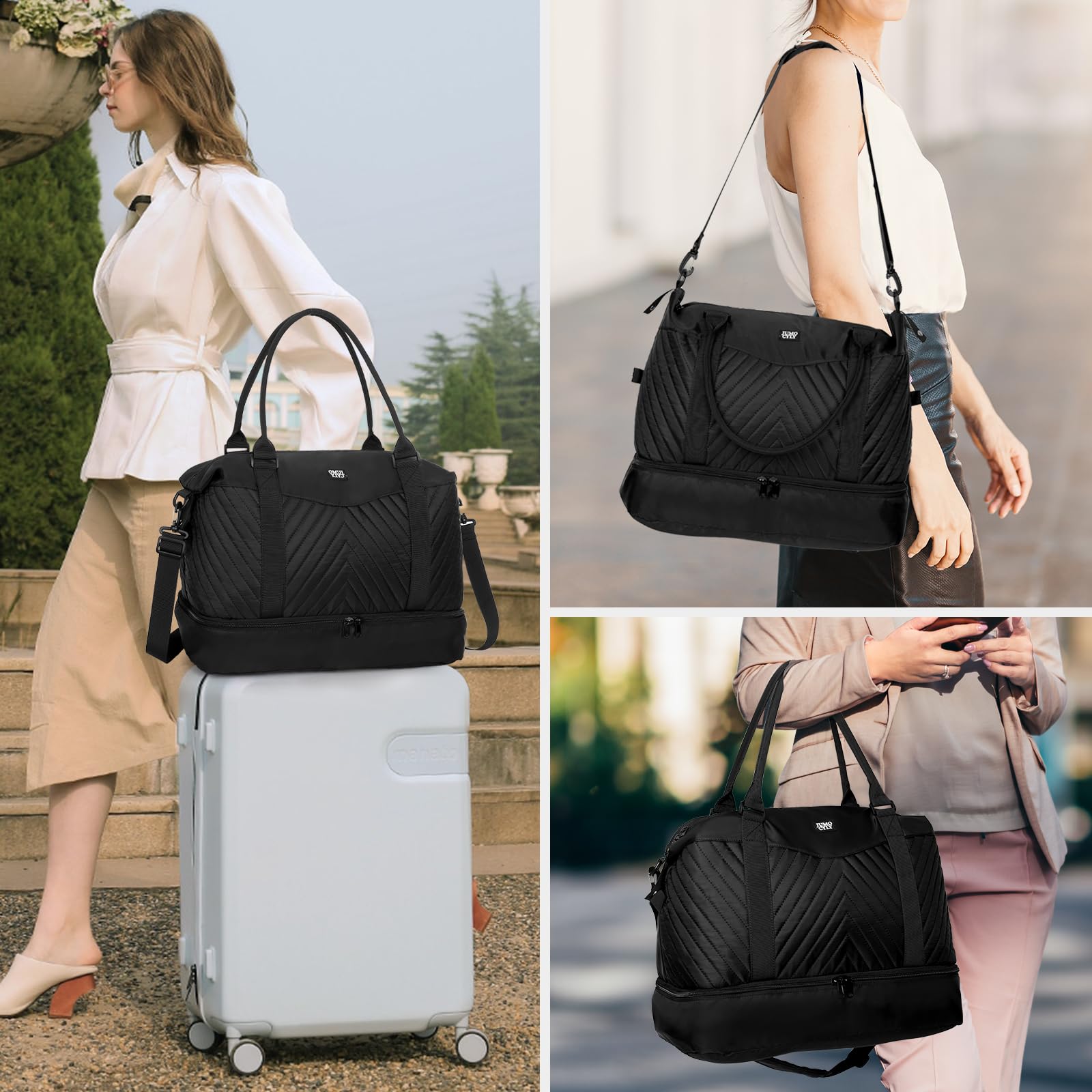 Best Travel Duffle Bag for Women - Large Weekender Gym Bag with Shoe Compartment & Toiletry Pocket - Perfect as Airplane Carry-On or Overnight Shoulder Tote - Black Personal Item Bag for Travel, Workout & Weekend Getaways