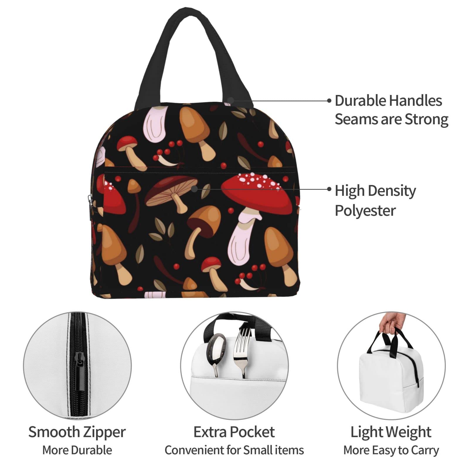 Insulated Lunch Bag with Cute Mushroom Print - Reusable & Leak-Proof Meal Container for Work, School, Travel & Picnic | Portable Tote for Men & Women | BPA-Free Food Storage